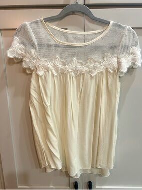 Cream Floral Lace Yoke Short Sleeve Blouse small coquette cottagecore